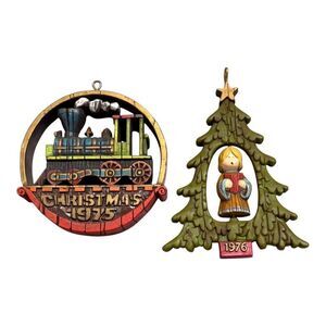 Vintage Hallmark Twirl About Christmas Ornaments Set 1975 1976 Train Angel Tree